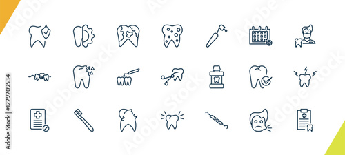 outline dental health icons set. editable linear apicoectomy, dental plaque, inner tooth, and other 18 icons in this category isolated on transparent background.