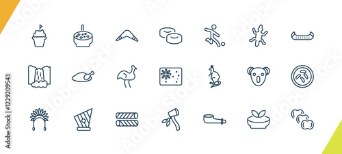 outline culture and civilization icons set. editable linear crema catalana, australian boomerang, mantecados, and other 18 icons in this category isolated on transparent background.