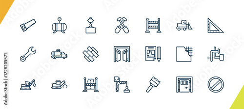 outline construction icons set. editable linear , derrick with pallet, two shovels, and other 18 icons in this category isolated on transparent background.
