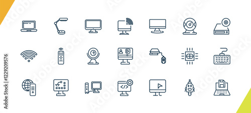 outline computer and tech icons set. editable linear study lamp, tv screen, wireless connectivity, and other 18 icons in this category isolated on transparent background.
