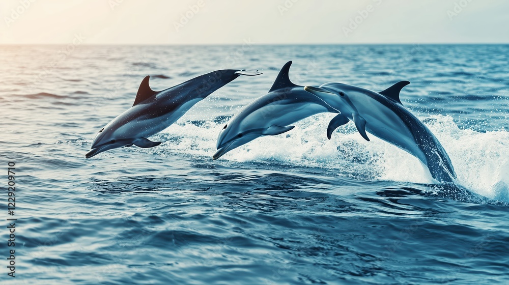 Fototapeta premium Dolphins Leap in the Golden Light: A breathtaking moment of pure joy as three sleek dolphins soar through the air, their bodies glistening with the golden glow of the setting sun.