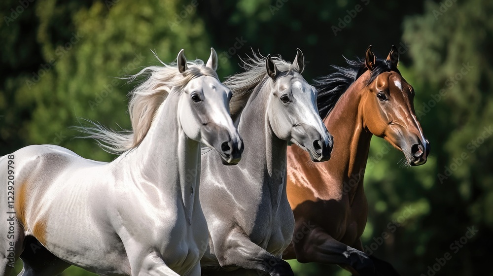 A group of horses galloping across a vibrant green meadow