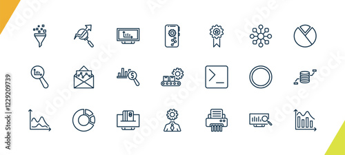 outline business and analytics icons set. editable linear stock data analysis, bars graphic on screen, mobile analytics, and other 18 icons in this category isolated on transparent background.