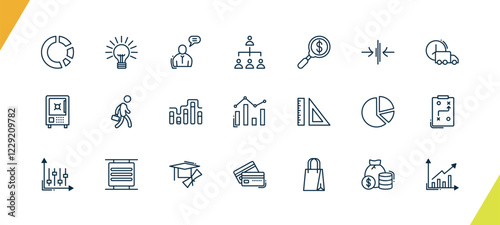 outline business icons set. editable linear round light bulb, man talking, hierarchy structure, and other 18 icons in this category isolated on transparent background.