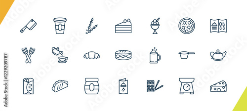 outline restaurant icons set. editable linear cardboard cup, two brochettes, cut cake piece, and other 18 icons in this category isolated on transparent background.