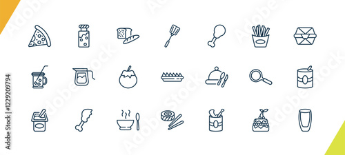 outline restaurant icons set. editable linear jar full of food, load of bread, spatula utensil, and other 18 icons in this category isolated on transparent background.