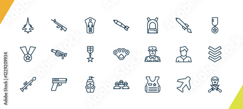 outline military and war and icons set. editable linear automatic gun, conscription, airplane bomb, and other 18 icons in this category isolated on transparent background.
