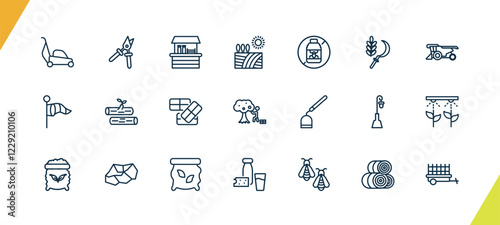 outline agriculture and farm icons set. editable linear pruners, stall, farm field, and other 18 icons in this category isolated on transparent background.
