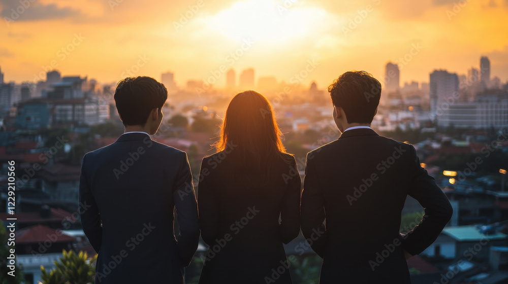 Fototapeta premium Successful young adults standing together, looking at sunset over city skyline, embodying ambition and hope for future