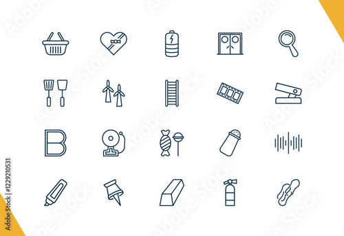 outline tools and utensils icons set. editable linear chote box, charged battery, doors, and other 17 icons in this category isolated on transparent background.