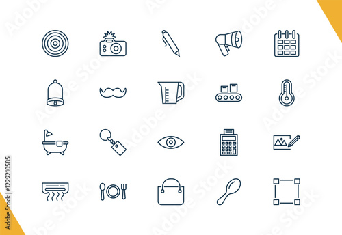 outline tools and utensils icons set. editable linear camera with flash, ink pen, megaphone side view, and other 17 icons in this category isolated on transparent background.