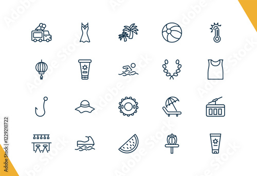 outline summer icons set. editable linear dress, island with palm trees, beach ball, and other 17 icons in this category isolated on transparent background.