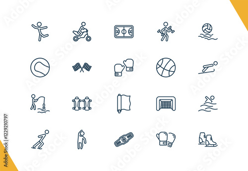 outline sport and games icons set. editable linear motorbike riding, basketball court, excercise, and other 17 icons in this category isolated on transparent background.