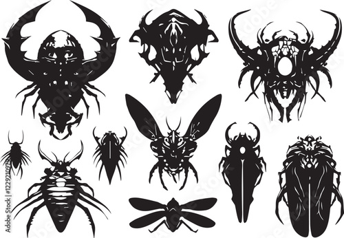 A set of insects silhouettes for flat design. Hand drawn vector illustration