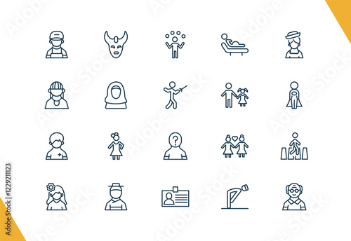 outline people and relation icons set. editable linear devil mask, juggling ball, birth, and other 17 icons in this category isolated on transparent background.