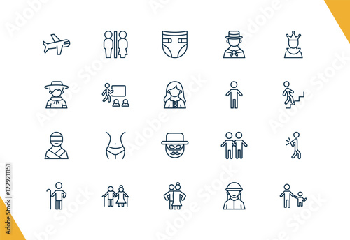 outline people and relation icons set. editable linear restroom, baby diaper, colombian, and other 17 icons in this category isolated on transparent background.