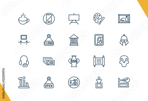 outline museum and exhibition icons set. editable linear no phone, museum canvas, palette, and other 17 icons in this category isolated on transparent background.