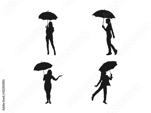Silhouettes of a businesswoman holding an umbrella in her hand. Vector. Businesswoman holding umbrellas isolated. The woman with the umbrella icon. Vector on a white background.