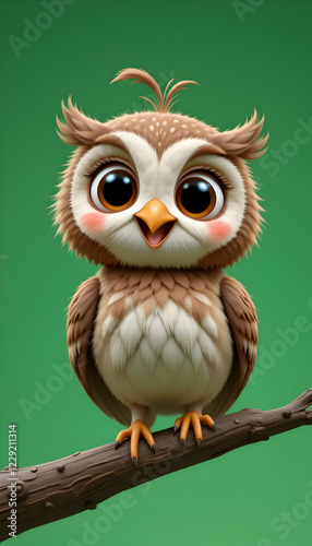 Adorable Baby Owl Cartoon Illustration on Branch