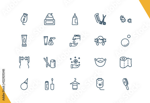 outline hygiene and sanitation icons set. editable linear face cream, hair tonic, grooming, and other 17 icons in this category isolated on transparent background.