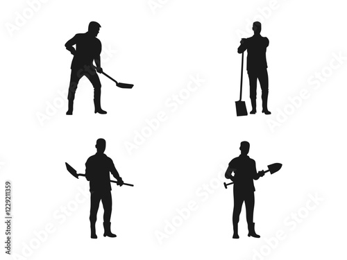 Man with shovel silhouette vector set. Silhouette of a worker in action poses using a shovel tool.  Silhouette of a male farmer holding a shovel isolated. vector on a white background.