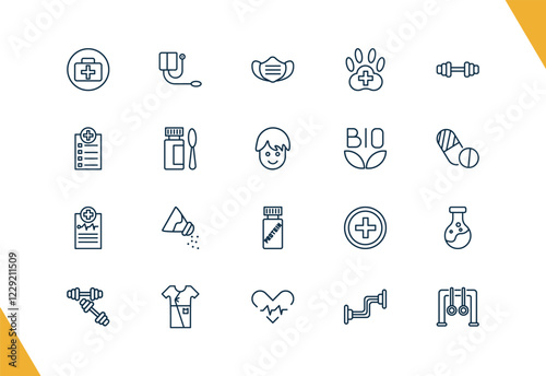 outline health and medical icons set. editable linear blood pressure gauge, medical mask, veterinary, and other 17 icons in this category isolated on transparent background.