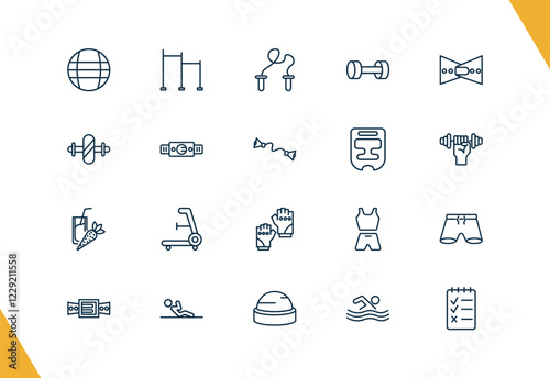 outline fitness and gym icons set. editable linear horizontal bar, skipping rope, lifting dumbbells, and other 17 icons in this category isolated on transparent background.