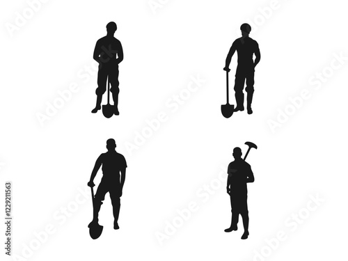 Man with shovel silhouette vector set. Silhouette of a worker in action poses using a shovel tool.  Silhouette of a male farmer holding a shovel isolated. vector on a white background.