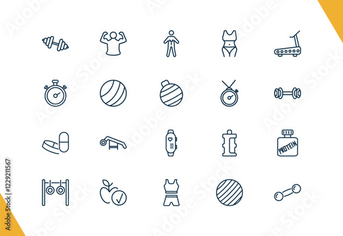 outline fitness and gym icons set. editable linear bodybuilder, anatomy, fitness body, and other 17 icons in this category isolated on transparent background.