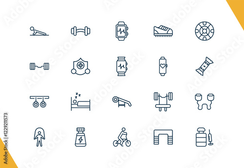 outline fitness and gym icons set. editable linear barbell weightlifting, fitness bracelet, trainers, and other 17 icons in this category isolated on transparent background.