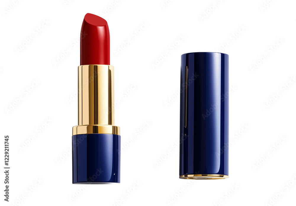 Obraz premium a vibrant red lipstick in its blue tube isolated on a transparent background