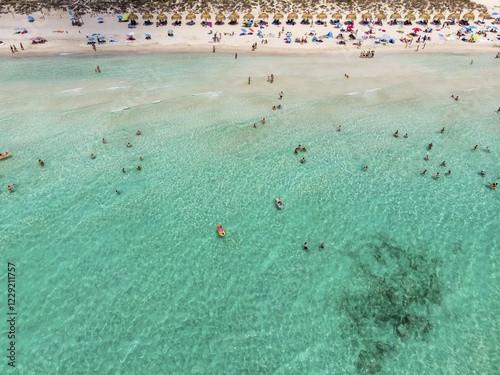 Aerial view, beach Es Trenc, place Ses Covetes, municipality Rapita, Majorca, Balearic Islands, Spain, Europe photo