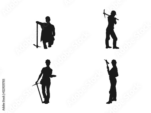 Black Silhouette of a construction Woman with a pickaxe. Construction worker with pickaxe vector silhouette illustration. silhouette of a worker with a pickaxe and shovel. Vector on a white background