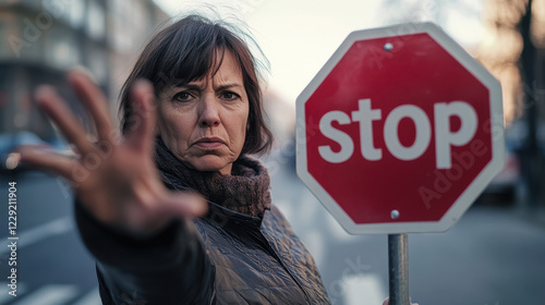 woman with serious expression holds stop sign, signaling to halt. urban background adds context to her assertive stance photo