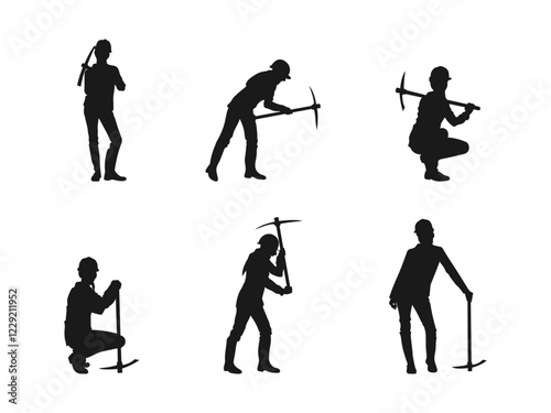 Black Silhouette of a construction Woman with a pickaxe. Construction worker with pickaxe vector silhouette illustration. silhouette of a worker with a pickaxe and shovel. Vector on a white background
