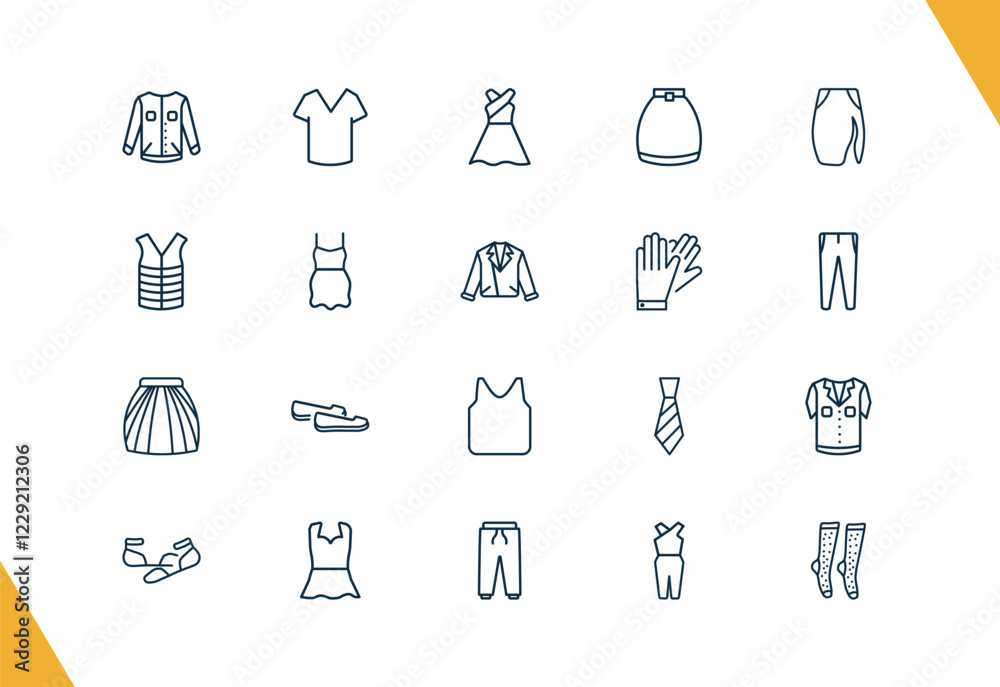 outline clothes and outfit icons set. editable linear v neck shirt, long sleeveless dress, circle skirt, and other 17 icons in this category isolated on transparent background. outline clothes and outfit icons set. editable linear v neck shirt, long sleeveless dress, circle skirt, and other 17 icons in this category isolated on transparent background.