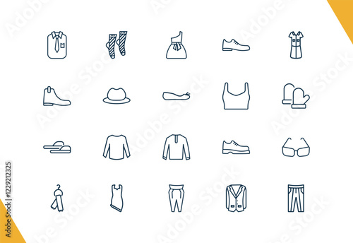 outline clothes and outfit icons set. editable linear men socks, one shoulder dress, leather shoes, and other 17 icons in this category isolated on transparent background.