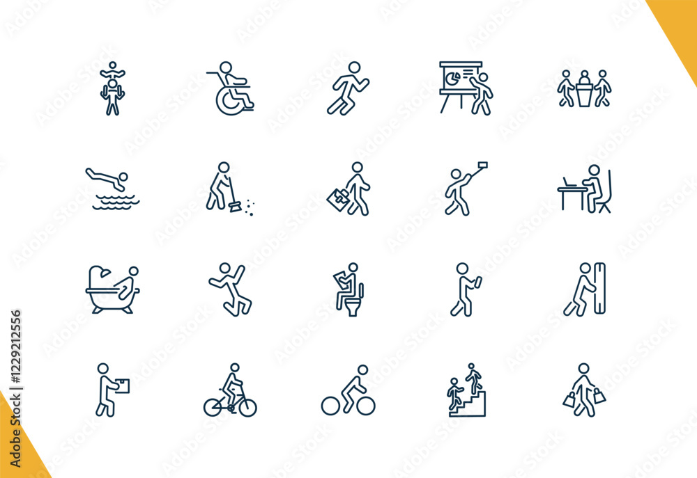 Obraz premium outline behavior and action icons set. editable linear man on wheelchair, stick man running, presentation whiteboard, and other 17 icons in this category isolated on transparent background.