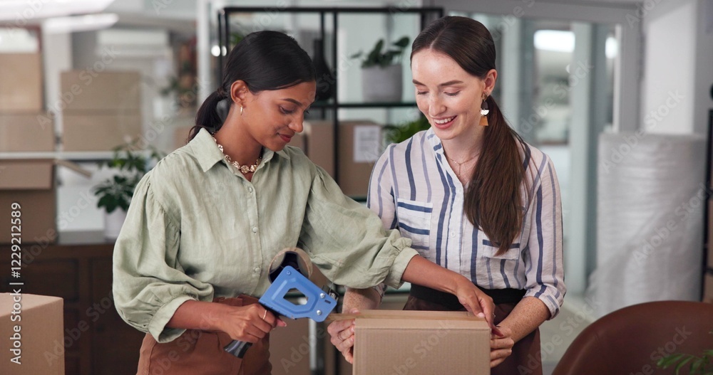 Packaging, entrepreneur and people with tape, boxes and teamwork for logistics in office, smile or order. Shipping, supply chain or preparing for delivery in warehouse, stock or partnership for women Packaging, entrepreneur and people with tape, boxes and teamwork for logistics in office, smile or order. Shipping, supply chain or preparing for delivery in warehouse, stock or partnership for women
