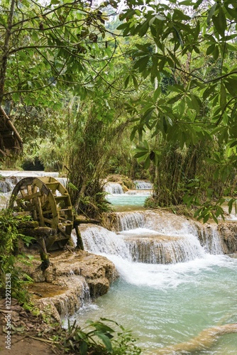 Kuang Si waterfalls, water wheel and cascades, turquoise colored water, Luang Prabang, Luang Prabang Province, Laos, Asia