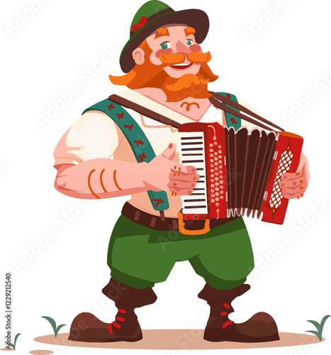 Man with mustache, dressed in traditional clothing, plays accordion against transparent background. Cartoon art style. Concept of alcohol drink, traditions, celebration, holidays