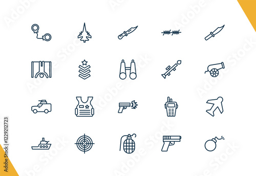 outline military and war and icons set. editable linear fighter plane, combat knife, barbed, and other 17 icons in this category isolated on transparent background.