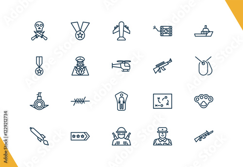 outline military and war and icons set. editable linear medal, plane, time bomb with clock, and other 17 icons in this category isolated on transparent background.