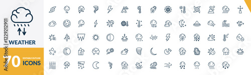 outline weather icons set. editable linear convergence, thundersnow, typhoon, and other 67 icons in this category isolated on transparent background.