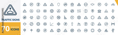 outline traffic signs icons set. editable linear no turn right, no picking flowers, lane, and other 67 icons in this category isolated on transparent background.