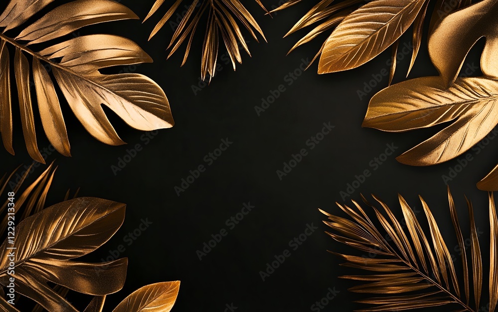 Golden metallic leaves arrangement on black background for elegant luxury home decor with palm and Monstera foliage Golden metallic leaves arrangement on black background for elegant luxury home decor with palm and Monstera foliage