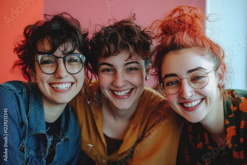 Portrait of friends with different gender expressions, smiling and supporting each other photo