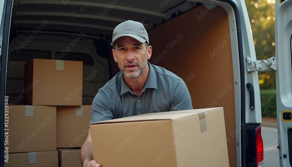 Hombre repartidor vestido de uniforme, cargando cajas de cartón en su furgoneta Hombre repartidor vestido de uniforme, cargando cajas de cartón en su furgoneta