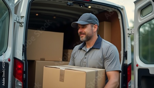 Hombre repartidor vestido de uniforme, cargando cajas de cartón en su furgoneta