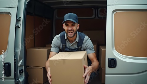 Hombre repartidor vestido de uniforme y contento, cargando cajas de cartón en su furgoneta